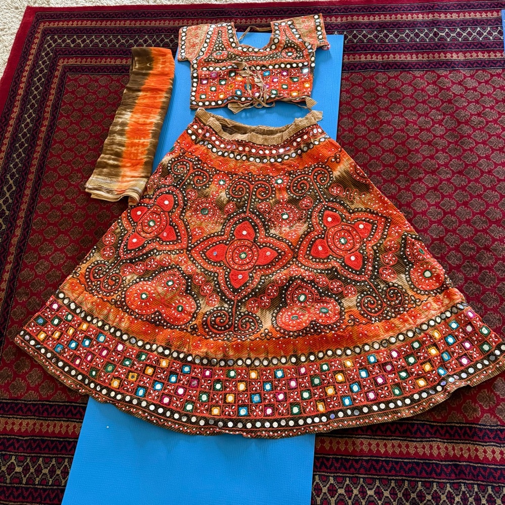 Orange, red, and brown tie-dye Embroidered Lehenga Set